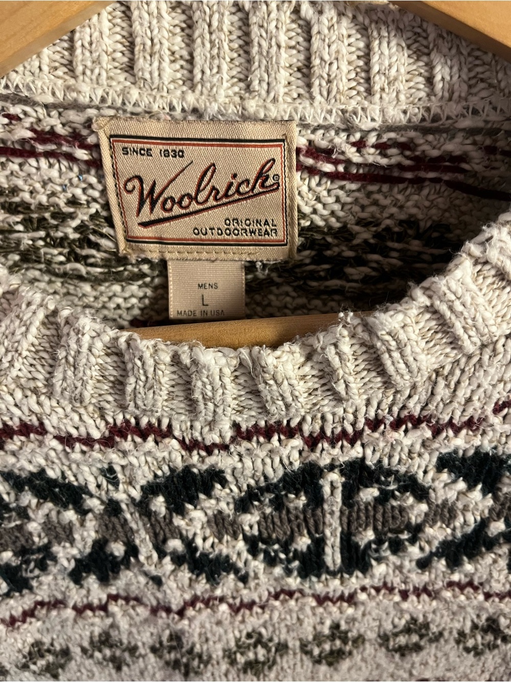 Woolrich Cream Crewneck Sweater with Forest Green & Burgundy Accents